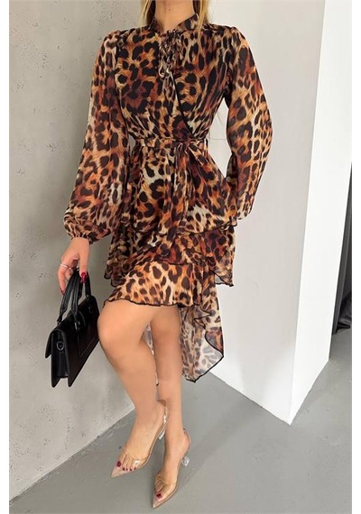 Neşeli Butik Kadın Eteği Kat Kat Leopar Desenli Şifon Elbise Nbkklf2036 Kahverengi