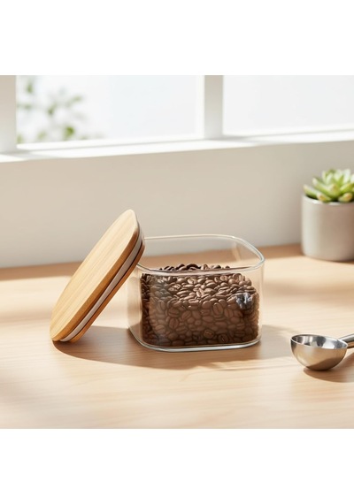 400 Ml Bambu Kapaklı Kare Cam Saklama Kabı - Dikey Çizgili Rölyef Desenli Vakumlu Kahvaltılık Ve Erzak Kabı 10x10x6 Cm Çok Renkli