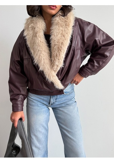 Verymoda Yakası Kürklü Kruvaze Deri Mont F2050 Bordo
