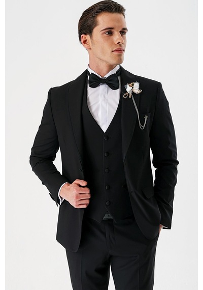İmza Siyah Çıkarılabilir Şal Yaka Yelekli Likralı 6 Drop Slim Fit Smokin Damatlık 1001240202-Siyah İmza Siyah Çıkarılabilir Şal Yaka Yelekli Likralı 6 Drop Slim Fit Smokin Damatlık 1001240202-Siyah