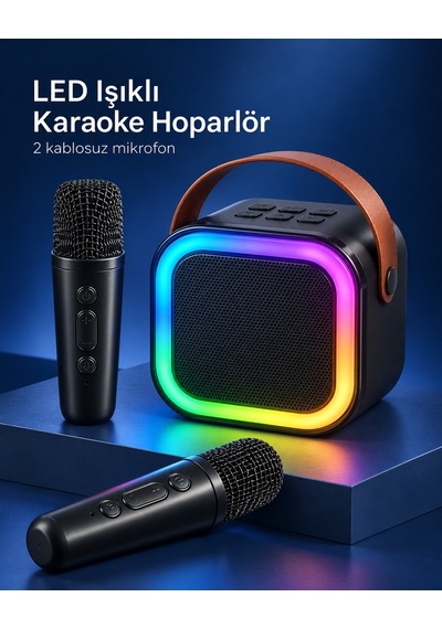 Çift Kablosuz Mikrofonlu Led Işıklı Bluetooth Karaoke Hoparlör Seti - Lisinya