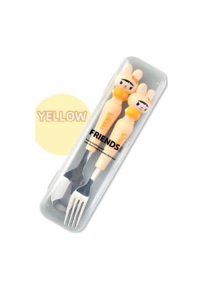 Sarı Renk Kedi Figürlü Premium Çocuk Bpa Free Paslanmaz Çelik Uçlu Çatal-kaşık Set 24+ Ay