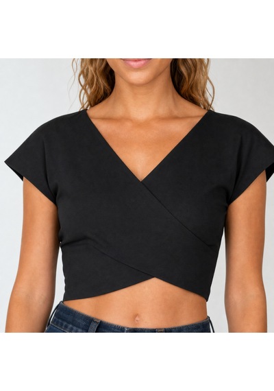 Nealirsanall.com Kadın Kruvaze Crop Top - V Yaka Kısa Kol Bluz Siyah
