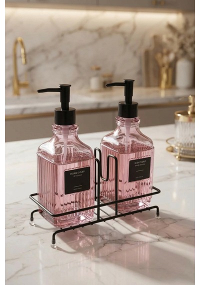 Makri Home Modern Çizgili Desenli Cam Ikili Sıvı Sabunluk & Deterjanlık Seti, Pembe- 500 Ml Cam Sabunluk