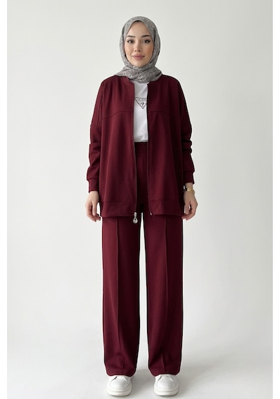 Thiff Tesettür Önü Fermuarlı Oversize Modal Takım Bordo