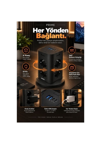 8 Li Çoklu Priz Usb-a + Type-c Şarj Girişli Güç Ve Şarj İstasyonu 0 - 2 M