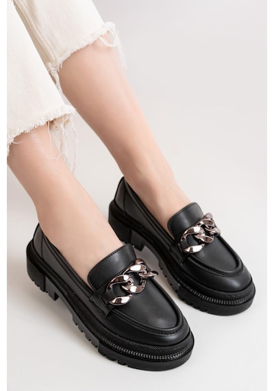 Asmi Shoes Kadın Somo Siyah Cilt Kalın Tokalı Loafer Ayakkabı Siyah Siyah