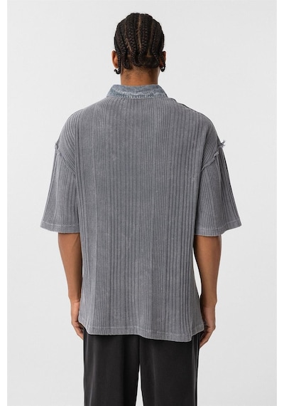 Vamos Yıkamalı Triko Oversize Polo Yaka Tişört V70-53 Gri