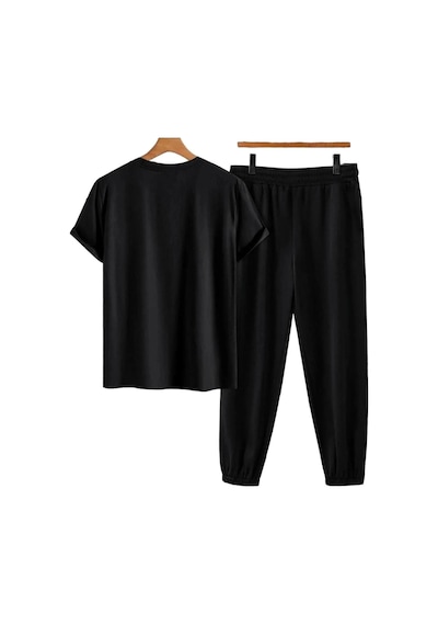 Tarzsokak Unisex Bisiklet Yaka Slogan Baskılı Siyah Tişört Ve Siyah Eşofman Altı 2'li Set A