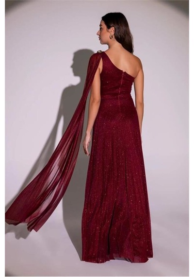 Neşeli Butik Kadın Bordo Tek Omuz Pilise Detaylı Simli Tül Kumaş Abiye Elbise Nbswll16