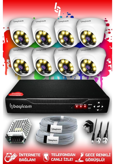 Bayicam 8 Kameralı Dome 8 İç Kamera Set HDD'siz Full HD Renkli Gece Görüşlü Güvenlik Kamerası Sistemi