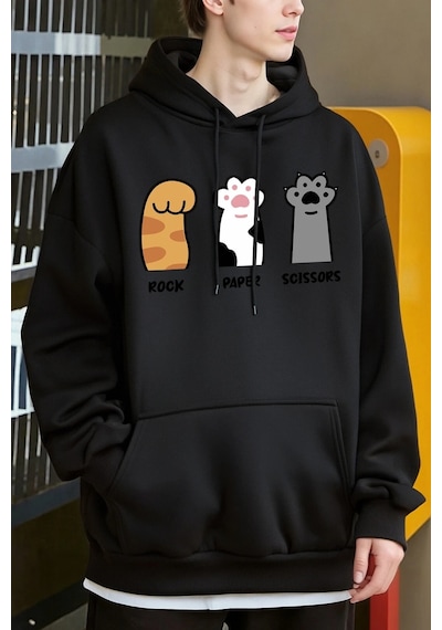 Startmore Tarzsokak Taş Kağıt Makas Kedi Pençeleri Tasarım Erkekler Hoody Cep Rahat Kapüşonlular Moda Sonbahar Ka Siyah