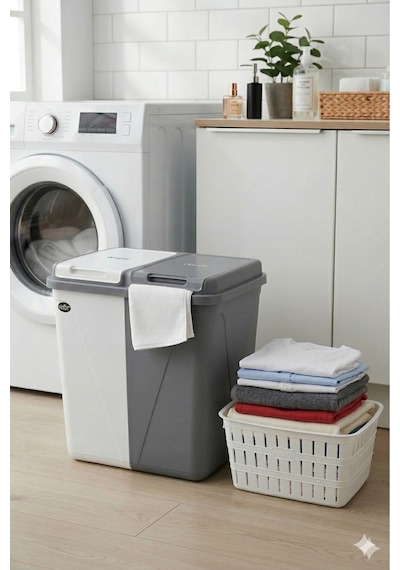 Kirli Çamaşır Sepeti Iki Bölmeli 90 Litre Büyük + 20 Lite Çamaşır Selesi Gri - Beyaz