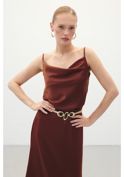 Sateen Degaje Yaka Saten Bluz - Kahve