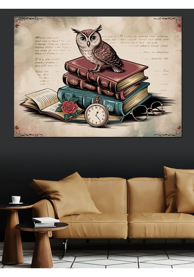 Kitap Üstünde Bilge Baykuş Dekoratif Kanvas - Mdf Ahşap Tablo