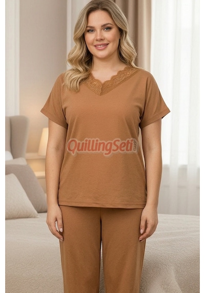 Lady Kahverengi Renk B-630 Pamuklu Ve Dantel Detaylı, Büyük Beden Anne Pijama Takımı
