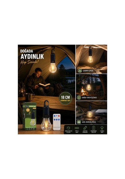 Güneş Enerjili Type-c Şarjlı Kamp Çadır Lambası Uzaktan Kumandalı Powerbank Özellikli 18 Cm Gün Işığı Turuncu - Gri