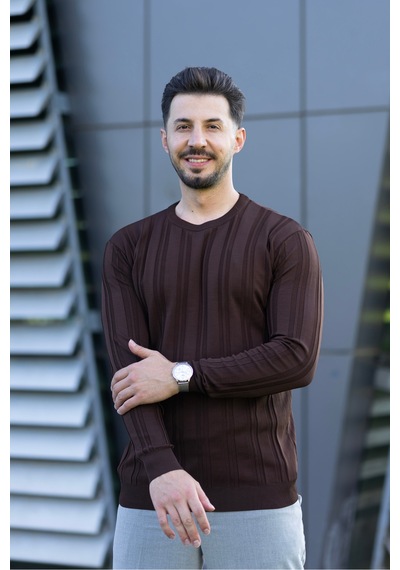 Hk Premium Kazak Fitilli Bisiklet Yaka Slim Fit Triko Kahverengi