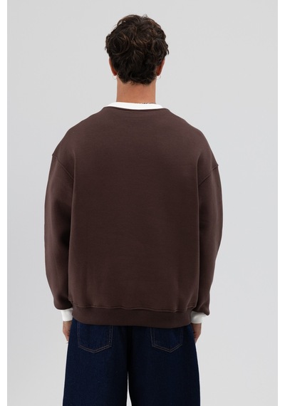 Vamos Oversize Bisiklet Yaka Baskılı Sweatshirt V70-91 Kahve