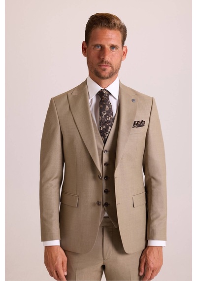 Ysf Erkek Bej Slim Fit Sivri Yaka Yelekli Takım Elbise Bej