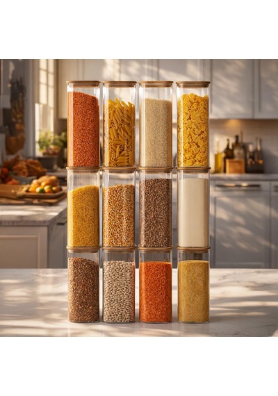7-4 Bambu Vakumlu Kapaklı Kare Borsilikat Cam 12li Kavanoz Seti Saklama Kabı 1900ml 9,5x27cm Çok Renkli