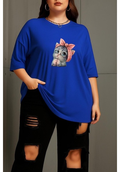 Büyük Beden Minnoş Kedi Baskılı Unisex Tişört Saks Mavisi