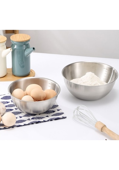 Qerhome 2'li Paslanmaz Çelik Inox Karıştırma Kabı 1800-3300 Ml 23-27 Cm Gümüş