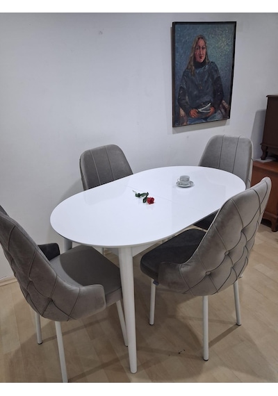 Masa Sandalye 90655 Retro Masa 4 Adet Lüks Kapitone Sandalye Ayaklar Demir Beyaz