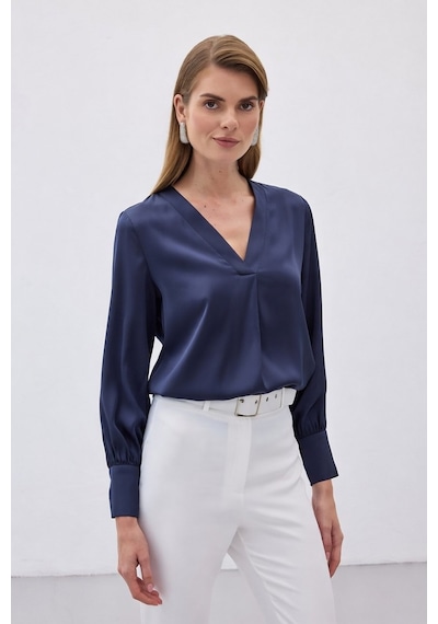 Sateen V Yaka Saten Bluz - Lacivert-136503 Lacivert