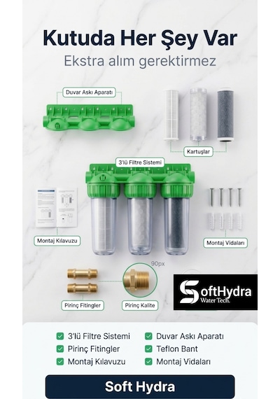 Daire Tipi Tesisat Ve Beyaz Eşya Koruyucu Su Filtresi - 3'lü Kireç Önleyici Merkezi Temizleme Sistemi