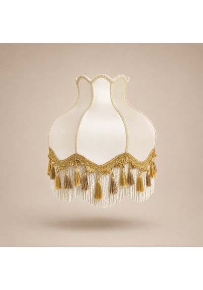 Ekru Kadife Kaplı Gold Püsküllü El Yapımı Vintage Lambader Şapkası 50x50cm Beyaz