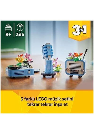 Creator 3 Ü 1 Arada Çiçekli Pikap 31172-8 Yaş Ve Üzeri Kız Ve Erkek Çocuklar Için Radyo Ve Mikrofona Dönüşebilen Yaratıcı Oyuncak Yapım Seti, Müzik Oyuncakları Yaratıcı Hediye Fikri 366 Parça