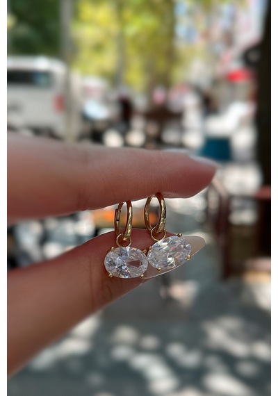 Gümüş Oval 4,5 Carat Taşlı Halka Küpe İs32e5 Sarı