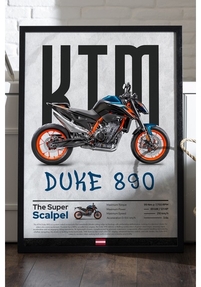 Ktm Duke 890 Siyah Ahşap Çerçeveli Poster, Dekoratif Motosiklet Duvar Tablosu