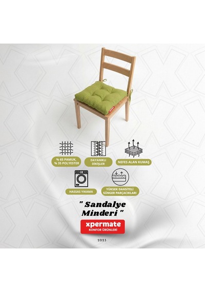 Pofuduk Sandalye Minderi Bağcıklı 40x40 Cm Yıkanabilir Dekoratif Mutfak Bahçe Piknik Minderi Yeşil