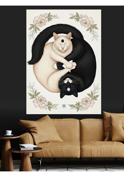 Ahşap Tablo Yin Yang Kedi Felsefesi Hayvan Tabloları
