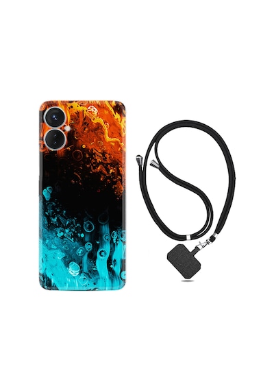 Tecno Spark 9T Kılıf İpli Boyun Askılı Desenli Silikon Orange Blue Color 1665