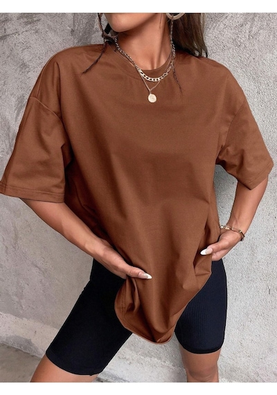 Düz Basic T-shirt - Kahverengi Oversize Bisiklet Yaka Kısa Kol Kahverengi