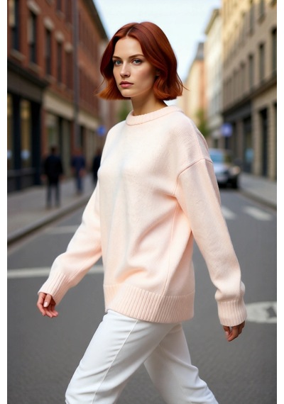Ersefa Kadın Oversize Bisiklet Yaka Triko Kazak Düşük Kollu Kış Mevsimi Pembe
