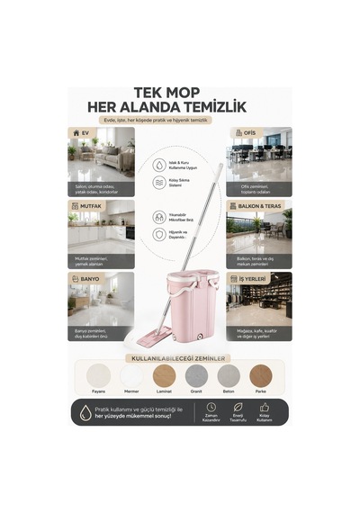 Kovalı Mikrofiber Mop Temizlik Seti + Hediye 4'lü Yedek Mikrofiber Bez Vp-500-611