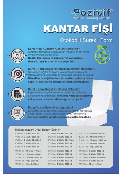 5,5x24 Kantar Fişi 2 Nüsha 1000 Adet , Beyaz Otokopili Sürekli Form 5,5x24 Cm