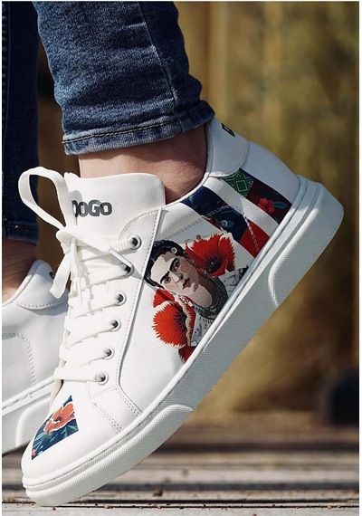 Kadın Vegan Deri Beyaz Sneakers - Viva La Vida Frida Kahlo Tasarım Çok Renkli