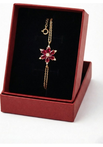 Çekirdekjewelry 926 Ayar Gümüş Kırmızı Taşlı Lotus Bileklik Sarı