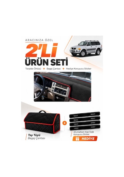 E-biz Mıtsubıshı Montero Sport 1996-2009 Uyumlu Torpido + Tay Tüyü Çanta - Siyah-kırmızı - Mı015