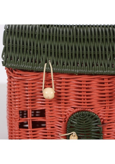 Mylamp Renkli Ev 23x20x13 Cm. Rattan Ev Dekoratif Çanta- Sepet Yeşilkırmızı