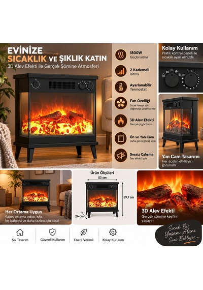 3 D Elektrikli Şömine 1800 Watt 2 Kademeli Isıtıcı Fanlı Isıtıcı