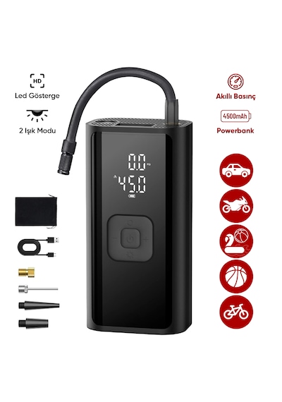 4500 Mah Şarjlı Hava Pompası Araç Lastik, Bisiklet, Top Şişirme Oto Hava Kompresörü