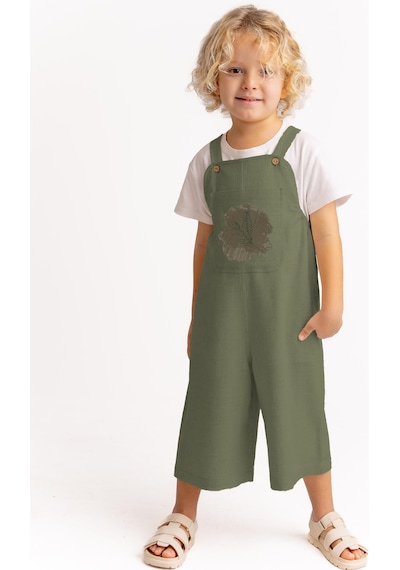 Oliven The Kid Unisex Tüğ Nakışlı Keten Salopet Haki Haki