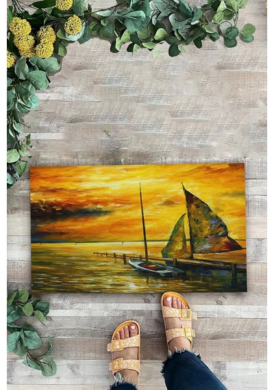 Valerine Life Deniz Gemi Ve Gün Batımında Huzur Temalı Welcome Hoş Geldiniz Kapı Önü Paspası 45x70cm Kahverengi