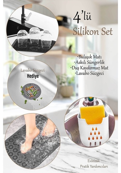 4 Parça Silikon Set bulaşık Matı Lavabo Süzgeci Askılı Süngerlik Masajlı Duş Kaydırmazı